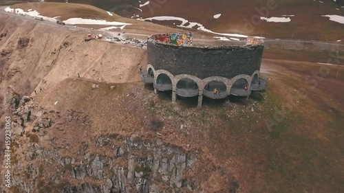 Cross Pass in mountains of Georgia. Caucasus. Soviet Monument to Russian Georgian Arch of Friendship of Peoples