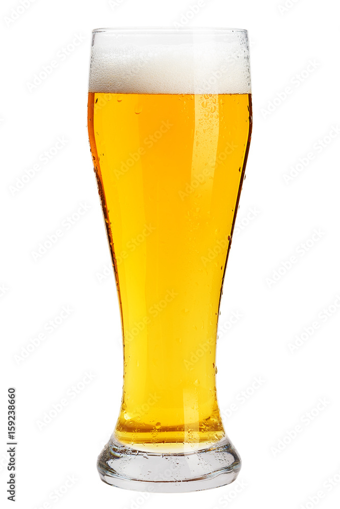 A glass of cold beer with foam, clipping path, bubbles in a drink, on a white background, isolated