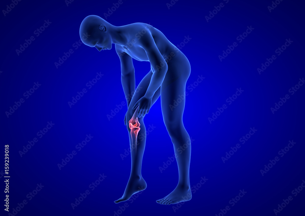 Knee Pain. Blue Human Anatomy Body 3D render on blue background Knee Pain. Blue Human Anatomy Body 3D render on blue background