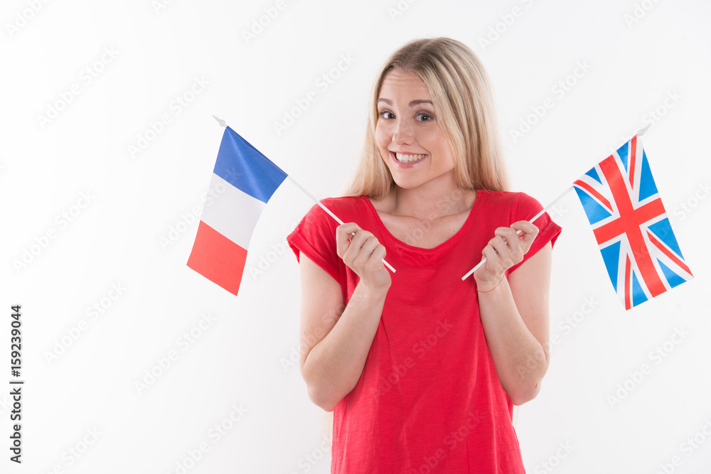 Beautiful young woman on white background