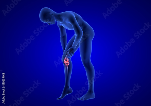 Knee Pain. Blue Human Anatomy Body 3D render on blue background