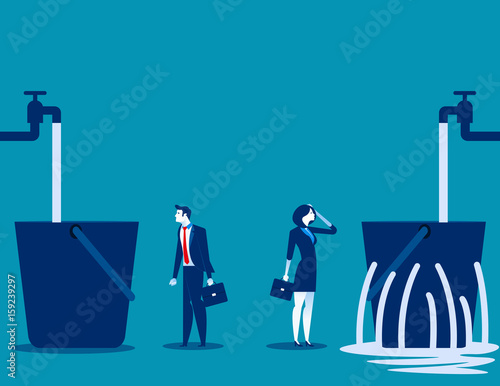 Business people and leaking bucket. Contrast between business. Vector illustration.