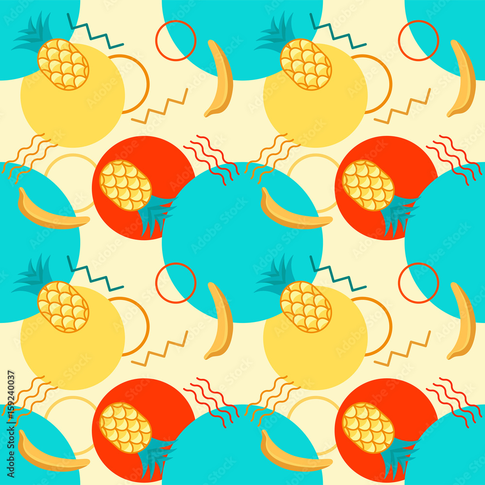 Seamless color summer pattern with pineapple and banana, geometric shapes, fashion vector backgrounds Seamless color summer pattern with pineapple and banana, geometric shapes, fashion vector backgrounds
