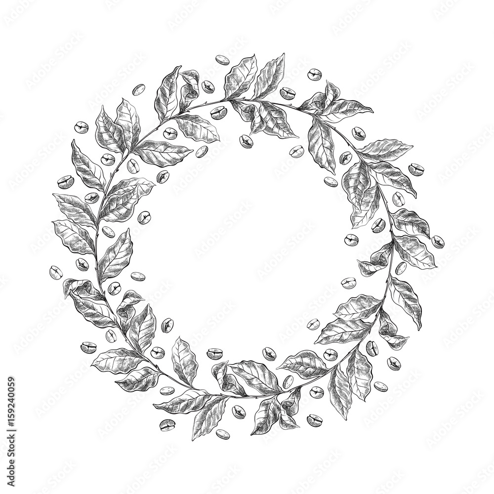wreath from coffee beans and berry in graphic style sketch wreath from coffee beans and berry in graphic style sketch