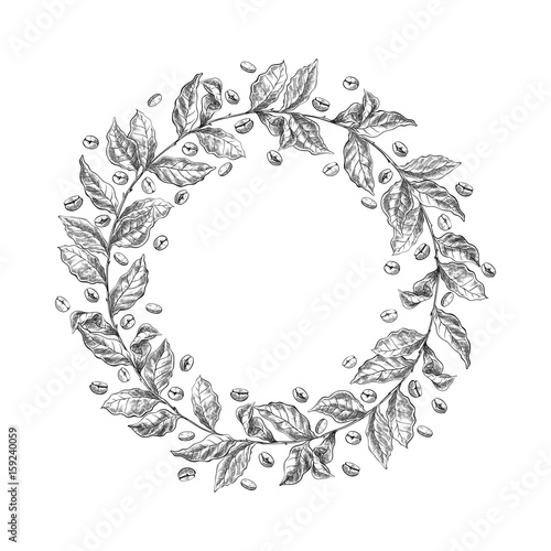 wreath from coffee beans and berry in graphic style sketch