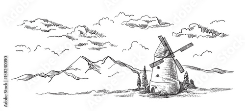 landscape with mill drawn vector llustration