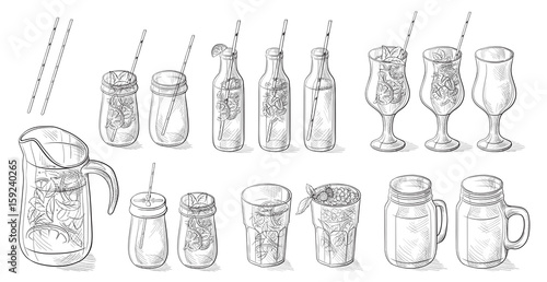 different cocktails limonade and glasses Hand drawn doodle vector illustration.