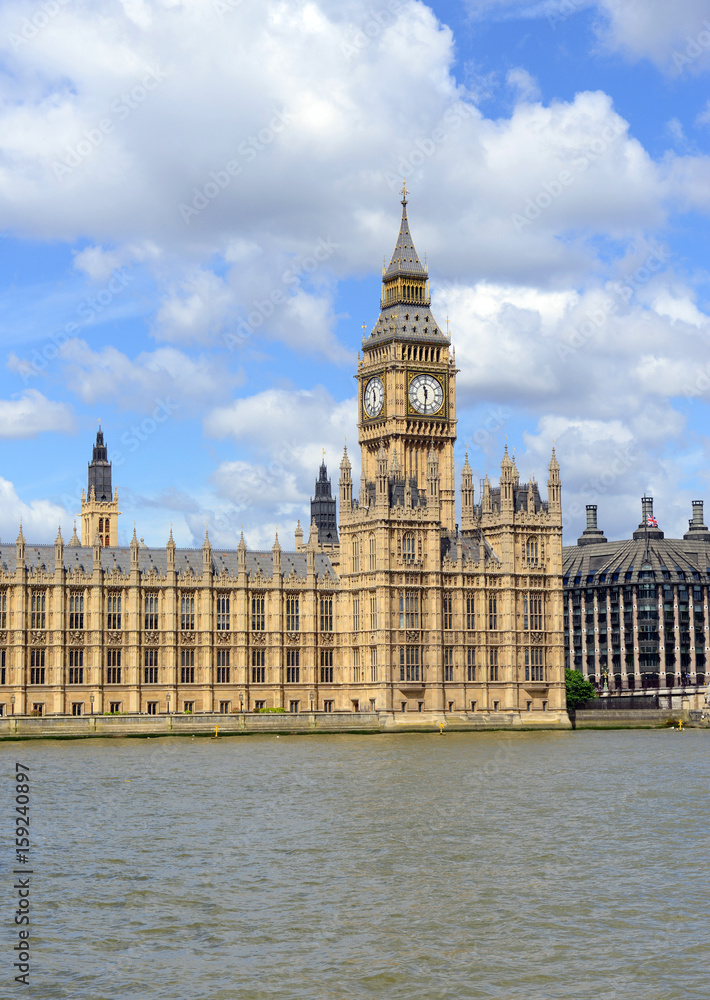 Big Ben clock tower, also known as Elizabeth Tower is near Westminster Palace and Houses of Parliament on the Thames River in London has become a symbol of England and Brexit discussions