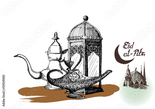 Ramadan Kareem Iftar party celebration, Eid Al Fitr Mubarak, Hand Drawn Sketch Vector illustration.