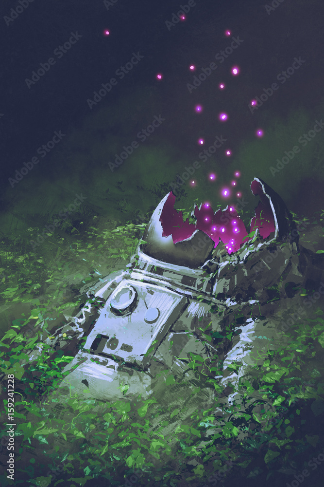 Naklejka premium the remains of the astronaut with glowing insects covered with plants, digital art style, illustration painting