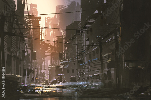 scenery of dirty street in abandoned city at sunset with digital art style, illustration painting