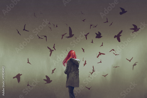 Obraz na płótnie kobieta z rudymi włosami stojącymi wśród ptaków, cyfrowy styl artystyczny, malarstwo ilustracyjne