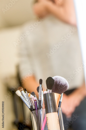 Makeup brushes, makeup artist working station