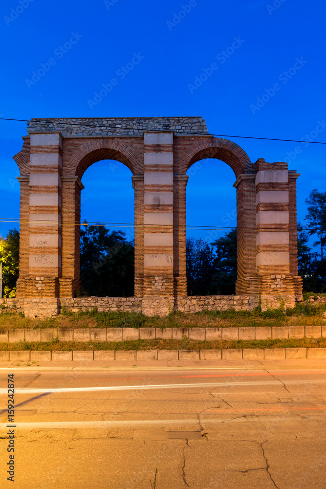 Night photo of Ruins of Roman Aqueduct in city of Plovdiv, Bulgaria