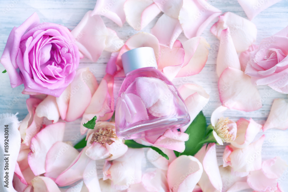 Essential oil on rose petals