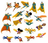 superhero women and men flying