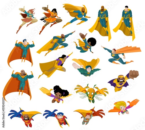 superhero women and men flying