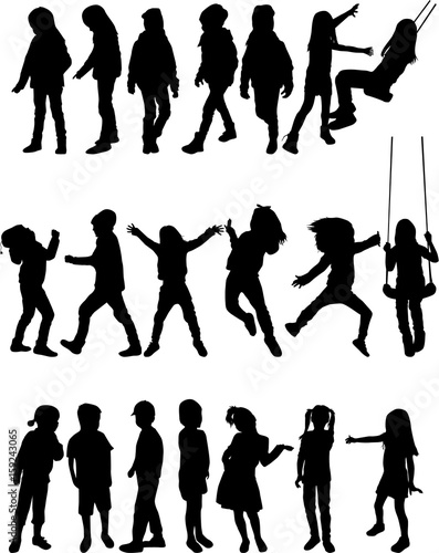 Vector silhouette of children on white background.