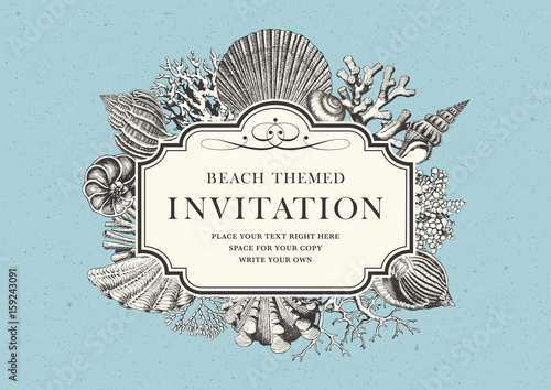 retro style beach and ocean themed invitation or greeting card with label with coral and sea shells frame on a textured blue background