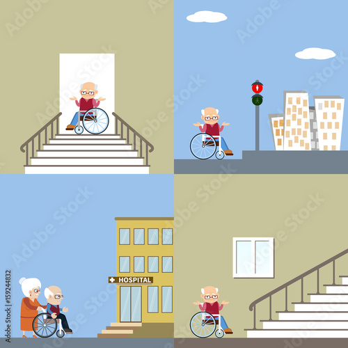 Concept illustration for challenges of physically challenged people. Vector illustration of disabled man in wheelchair having problem with transportation.