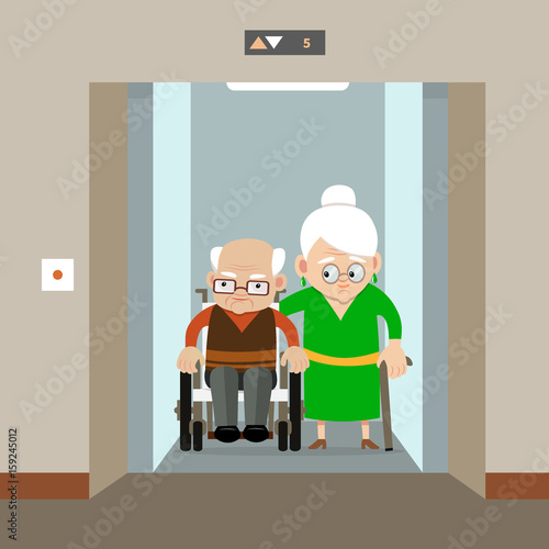 Retired couple in elevator. An old man in wheelchair and senior woman with cane. Concept for friendly urban environment for people with disability. Vector illustration.