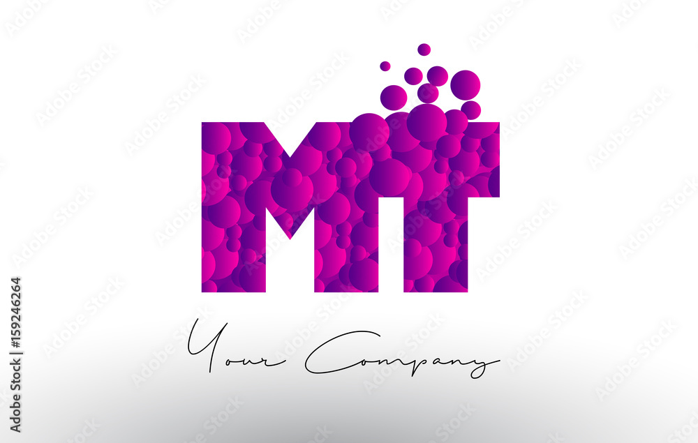 MT M T Dots Letter Logo with Purple Bubbles Texture. MT M T Dots Letter Logo with Purple Bubbles Texture.