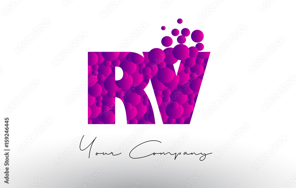Fototapeta premium RV R V Dots Letter Logo with Purple Bubbles Texture.