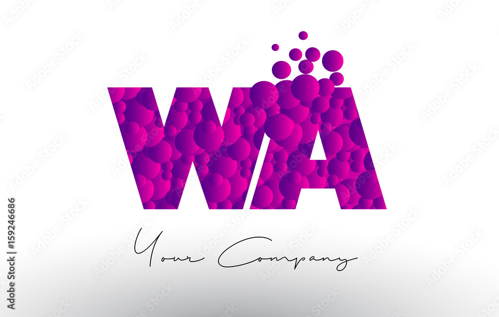 WA W A Dots Letter Logo with Purple Bubbles Texture. WA W A Dots Letter Logo with Purple Bubbles Texture.