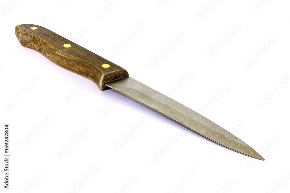 Knife with pointed tip and wood handle on isolated white background. Knife with pointed tip and wood handle on isolated white background.