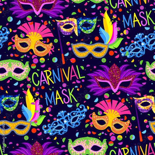 Authentic handmade venetian carnival face mask party decoration masquerade vector seamless pattern background