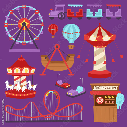 Carousels amusement attraction side-show kids park construction vector illustration.