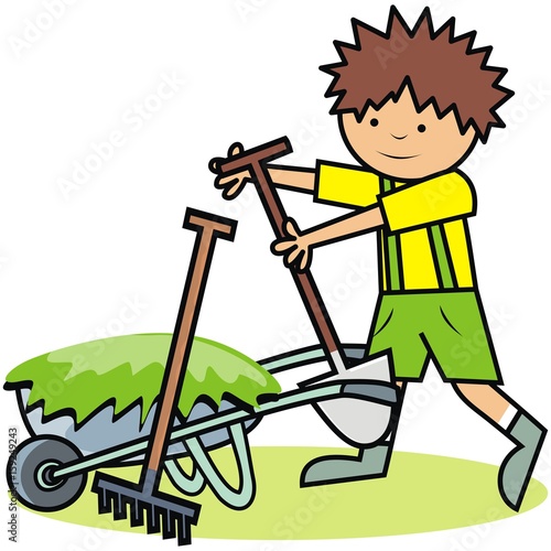 Gardening, boy and gardening tools.Vector icon.