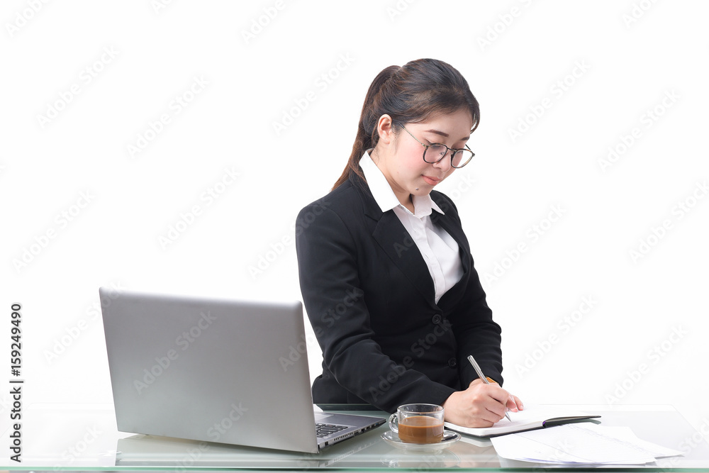 Business, people and concept - business woman Copy report account, white background Business, people and concept - business woman Copy report account, white background
