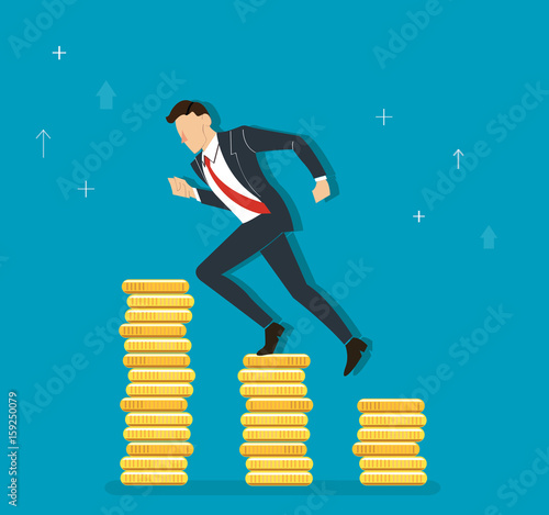 businessman running on coins graph to success, business concept illustration 