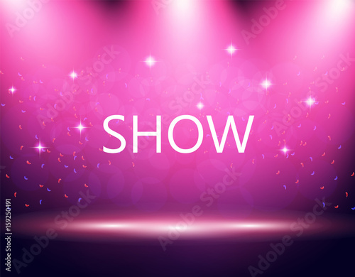 Inscription show. Illumination of the stage, podium, spotlights. Confetti is flying. Purple background. illustration