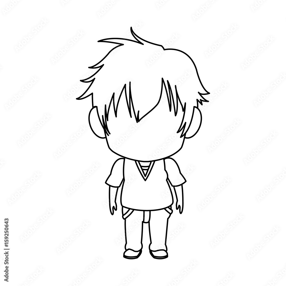 outlined little boy anime hair style stand vector illustration