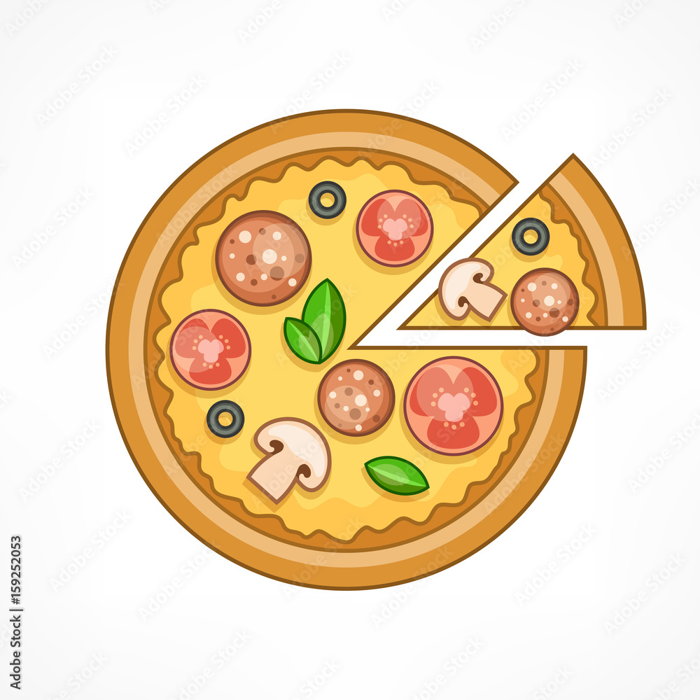 Italian pizza with salami, tomato and cheese on white, food. Italian pizza with salami, tomato and cheese on white, food.
