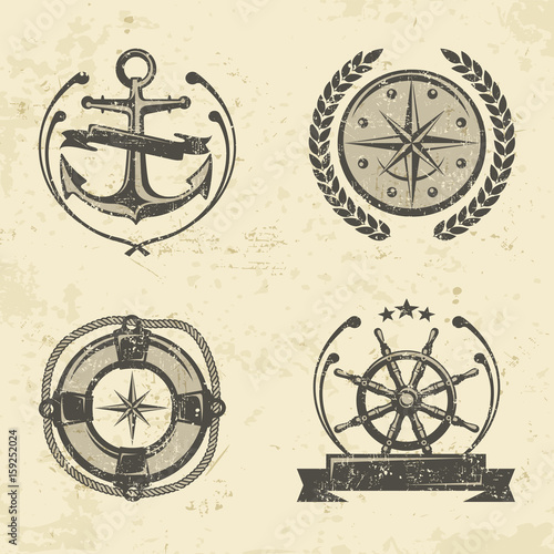Nautical symbols, anchor, steering wheel, compass, lifebuoy.