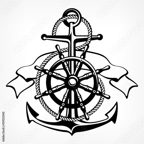 Anchor with rope, steering wheel ribbon, nautical symbols.