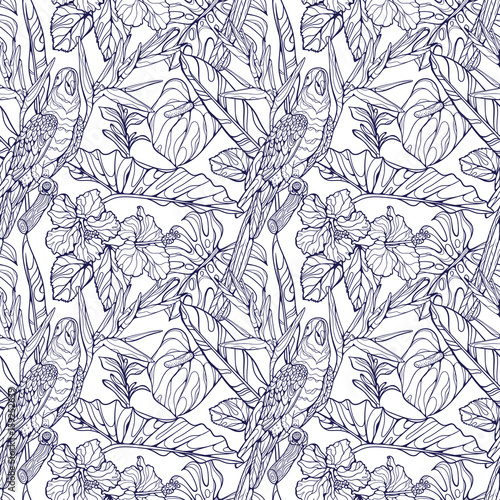 Seamless vector tropical pattern with ara parrot