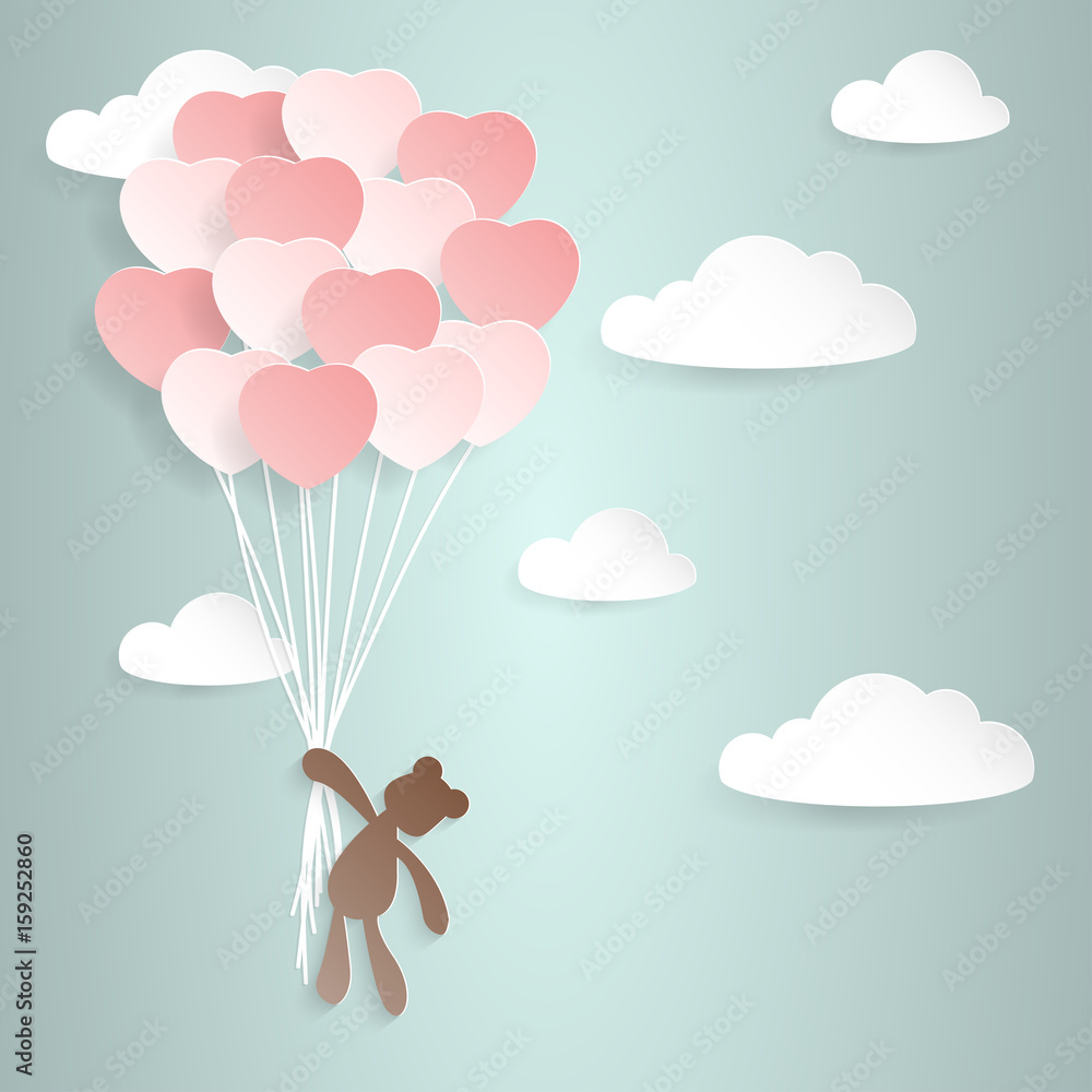 Teddy Bear Hanging With Heart Shape Balloons Above The Clouds, Paper Art Illustration Design