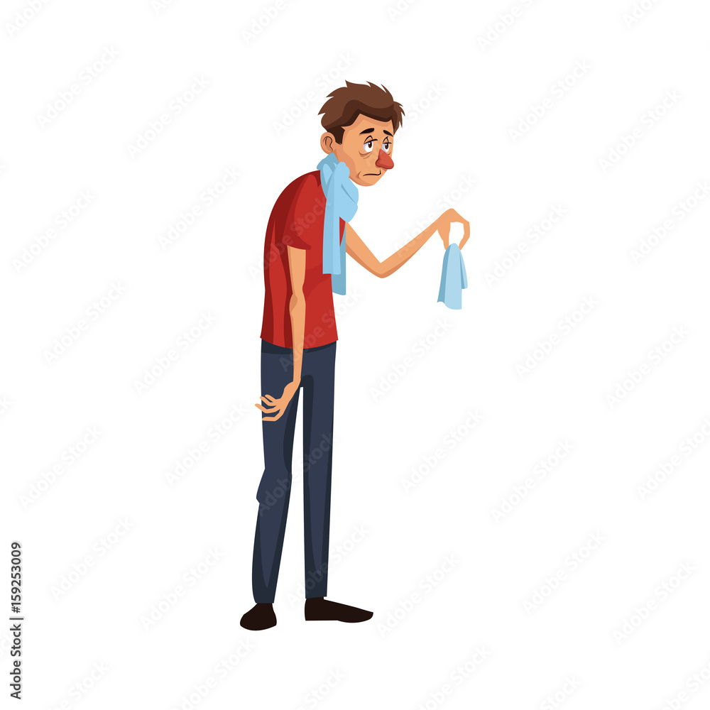 man with flu and fever wrapped in scarf holding handkerchief vector illustration man with flu and fever wrapped in scarf holding handkerchief vector illustration
