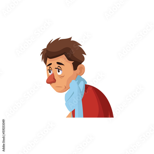 man with flu and fever wrapped in scarf holding handkerchief vector illustration