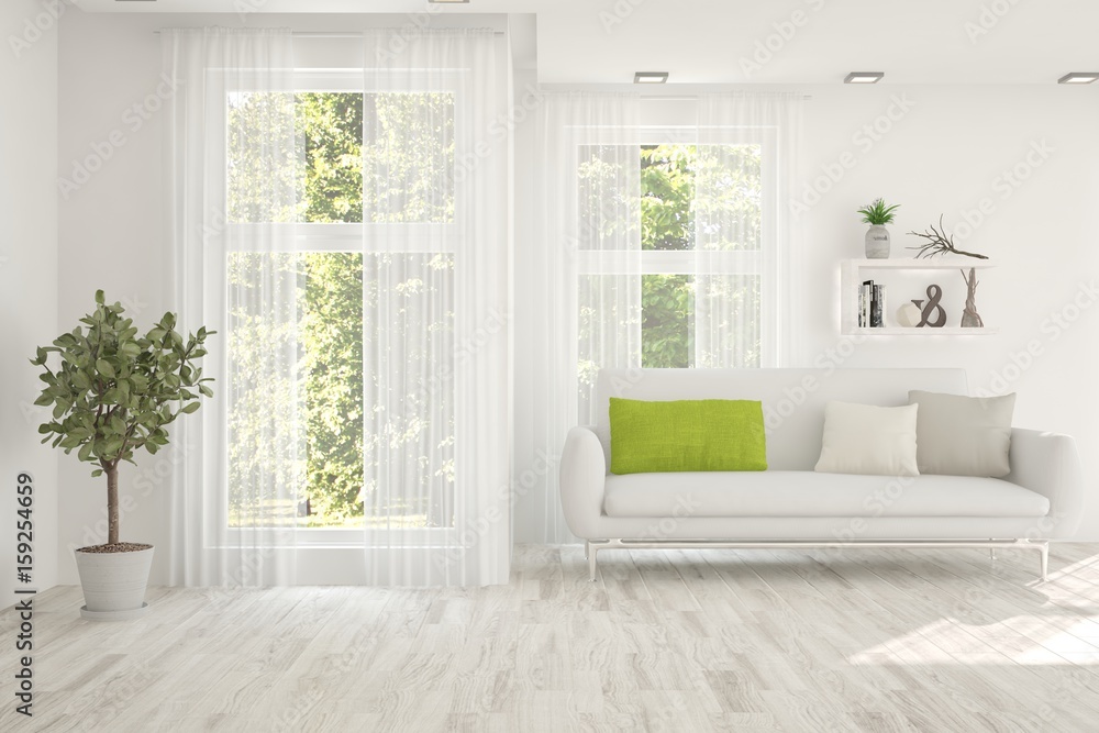 Fototapeta premium White room with sofa and green landscape in window. Scandinavian interior design. 3D illustration