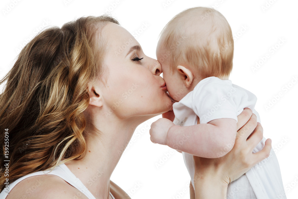 young beautiful mother with baby laughing isolated on white background young beautiful mother with baby laughing isolated on white background
