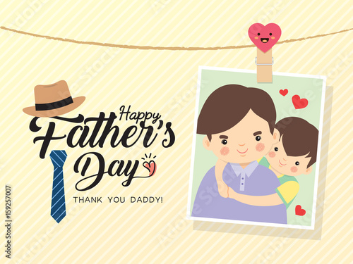 Happy Father's Day template design. Photo of cartoon father and son hugging together. Photo frame with pin and father's day greetings lettering decorated with hat, necktie. Vector illustration.