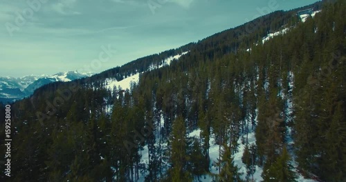 Kameraflug an Schweizer Bergwald entlang, mit Schneebergen und leicht bewölktem Himmel im Hintergrund
