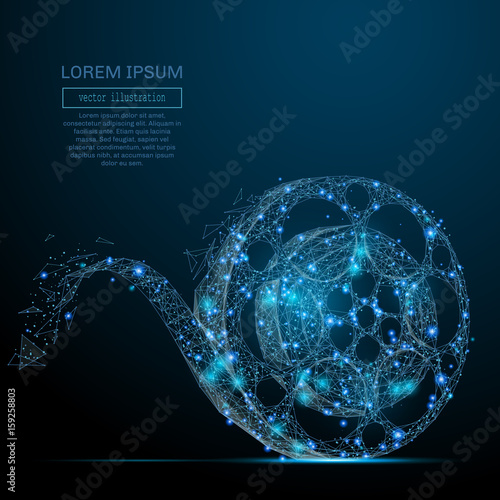 Polygonal Film reel. Cinema Vector mesh spheres from flying debris. Thin line concept. Blue structure style illustration