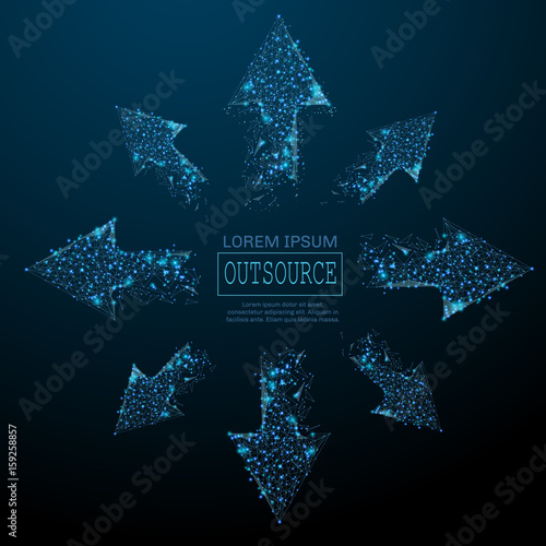 Polygonal outsource concept. White arrows pointing in different directions. Business illustration. Vector mesh spheres from flying debris. Thin line.