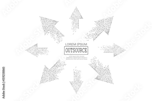 Abstract mash line and point outsource text from arrow on white background with an inscription. Business concept starry sky or space, consisting of stars and the universe. Vector business illustration